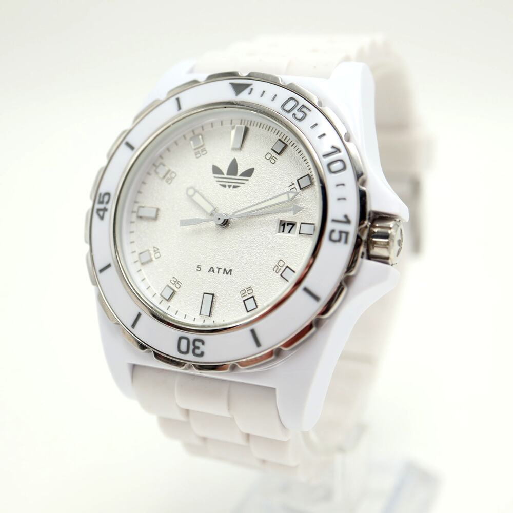 Adidas White Silver Tone Jumbo 45mm Watch Date Silicone ADH2670 w New Battery